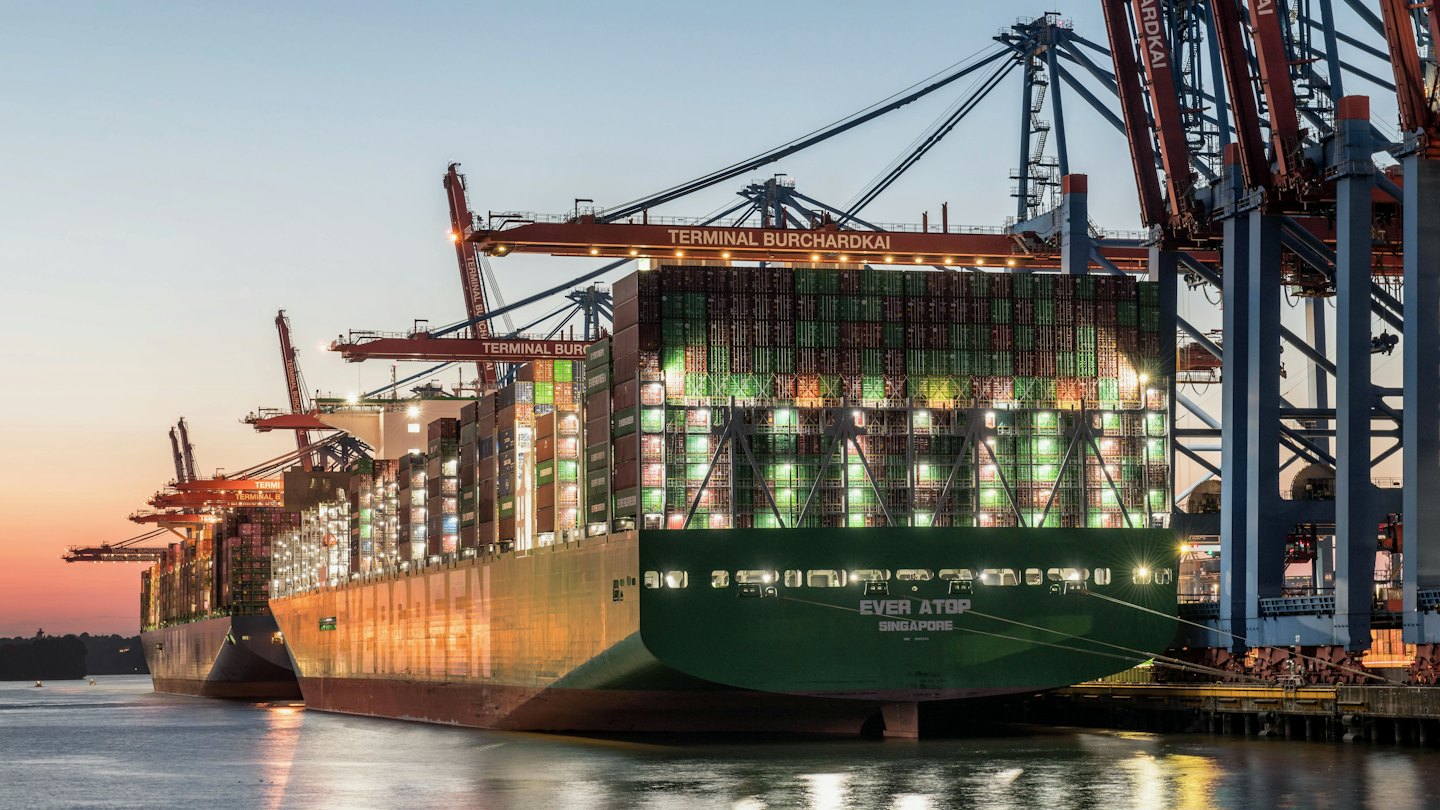 Two large container ships docked at a busy industrial port terminal.
